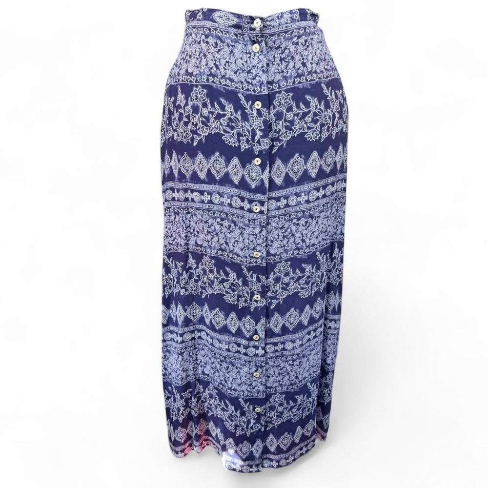 Kathy Ireland Blue & White Boho Button Up Maxi Skirt‎ Size 6 Boho Cottagecore